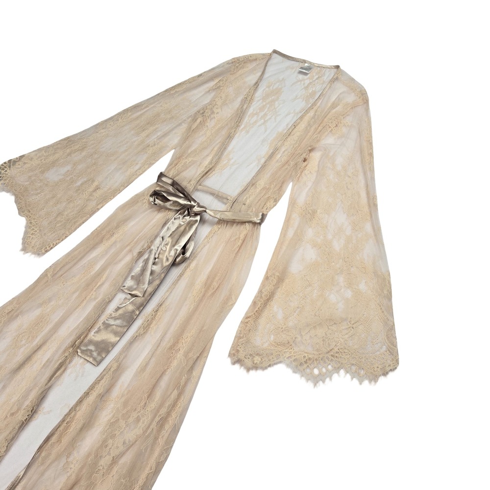 Coquette Pastel Pink Floral Lace Longline Robe Bell Sleeve Satin Belt 1920s - Picture 4 of 7